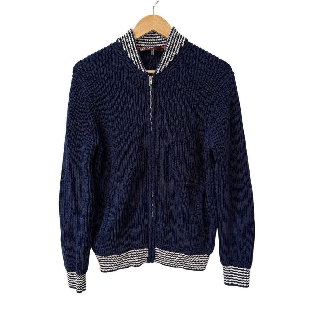 Mr Turk Sweater Mens Medium Navy White Striped Cotton Knit Heavy Weight